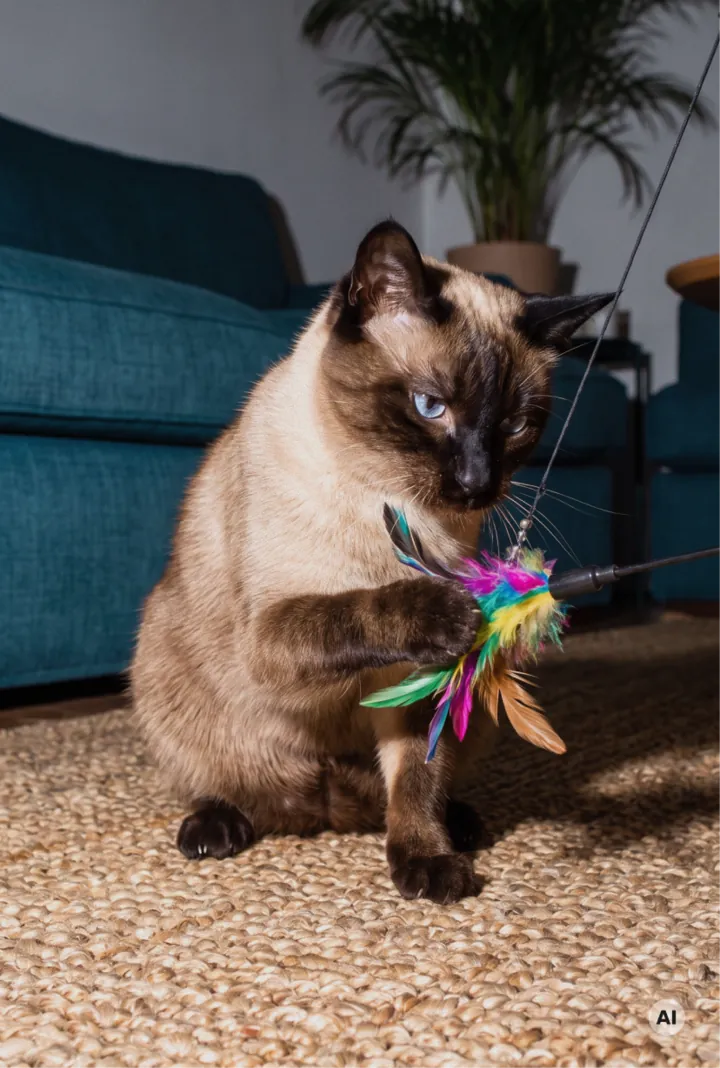 Siamkatze fängt mit der Pfote eine Spielangel mit bunten Federn auf einem Juteteppich, im Hintergrund ein blaues Sofa.