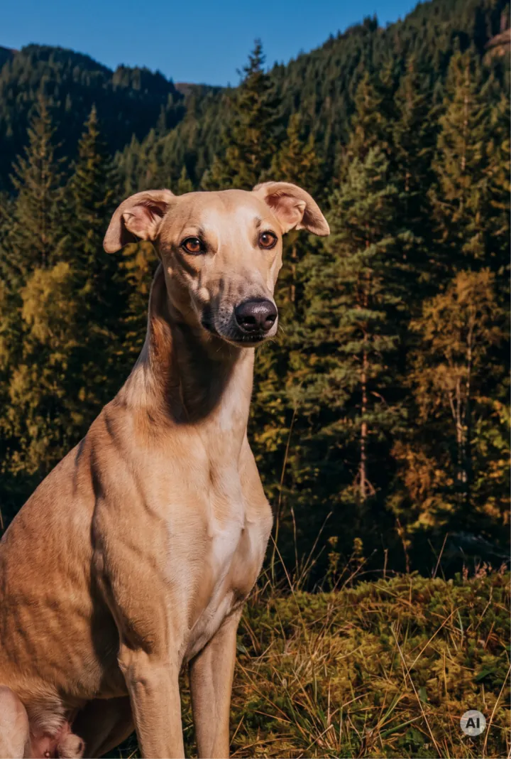 Hellbrauner schlanker Hund sitzt auf einer Bergwiese, im Hintergrund bewaldete Hänge und blauer Himmel.