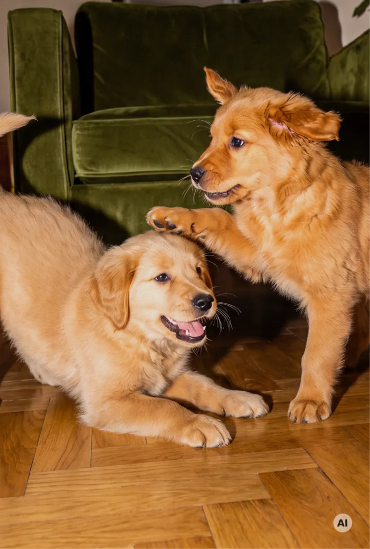 Zwei Golden-Retriever-Welpen spielen auf einem Holzboden neben einem grünen Samtsofa.