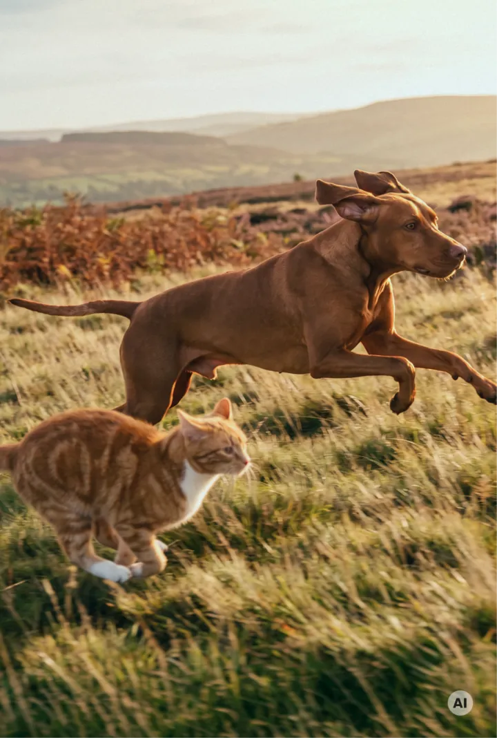 Roter Hund im Sprung und rote Katze laufen gemeinsam über eine Wiese im warmen Licht der untergehenden Sonne.