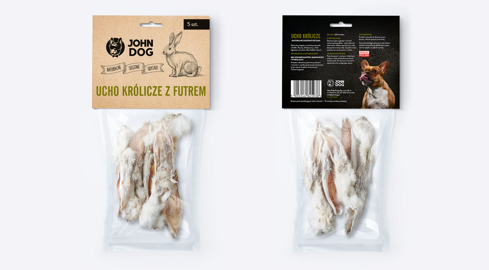 Getrockneter Hundekauartikel. Kaninchenohr mit Fell