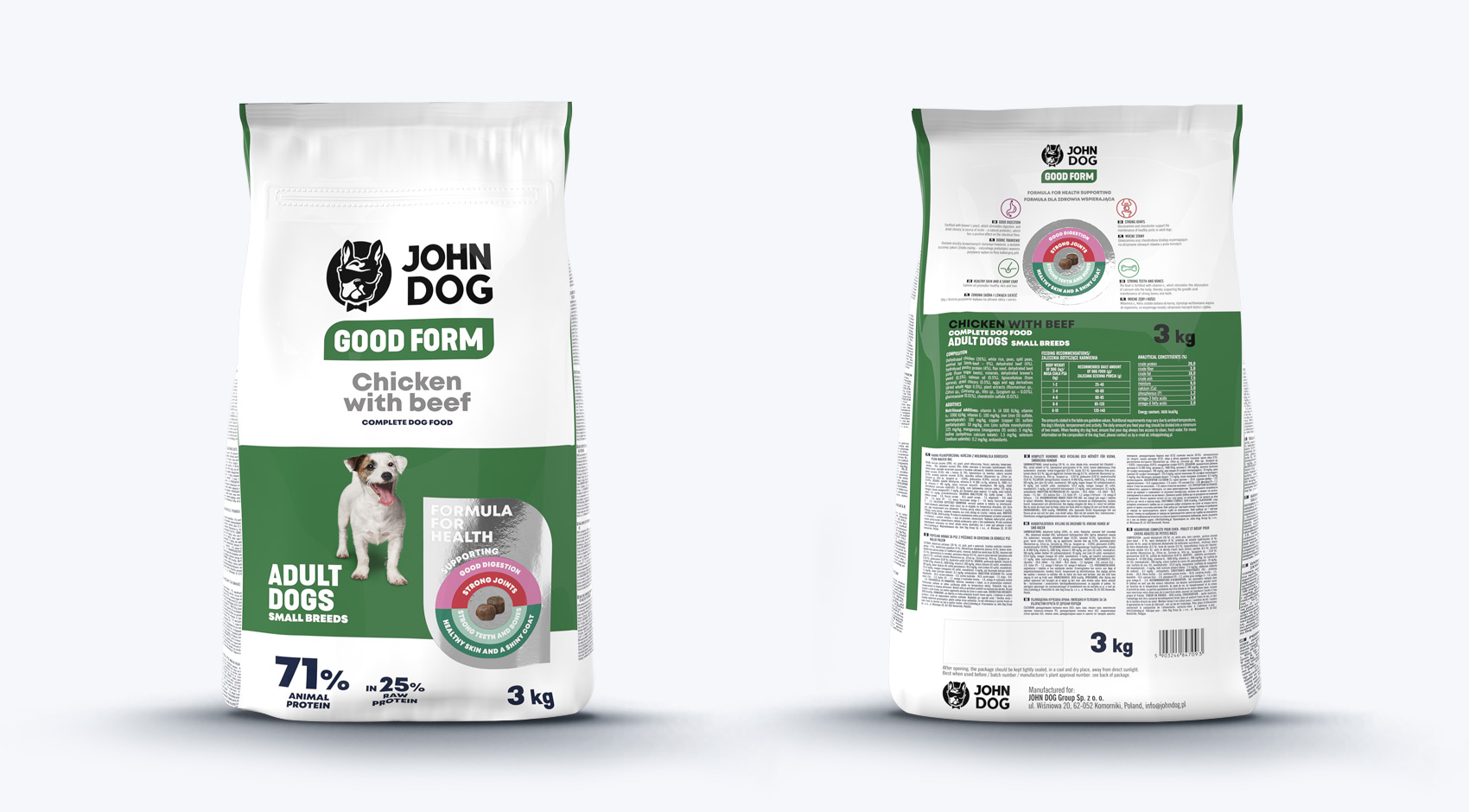 Vorder- und Rückseite der Packung von John Dog Good Form Trockenfutter für ausgewachsene kleine Rassen, Huhn mit Rindfleisch 3kg.