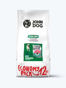 Eine Packung John Dog Good Form Hundetrockenfutter für ausgewachsene kleine Rassen, Huhn und Rind 12kg.