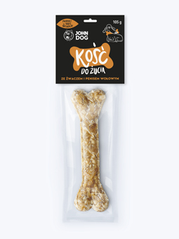 Ein 105g Kauknochen für Hunde mit Pansen und Rindfleischpenis von John Dog.