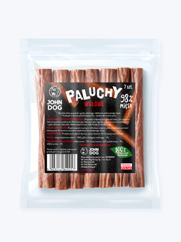 Produkt Rindfleisch Hundefinger 7 Stück 100% natürlich Marke John Dog Vorderansicht der Verpackung mit schwarzem Etikett