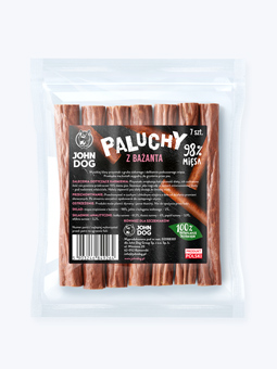 Produkt natürlicher Hundesnack Fasanenfinger 7 Stück Marke John Dog Vorderansicht mit schwarzem Etikett
