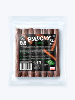Produkt Hasenfleisch Hund knusprige Finger 98% Fleisch 100% natürliche Zutaten Verpackung mit schwarzem Aufkleber 7 Stück Marke John Dog