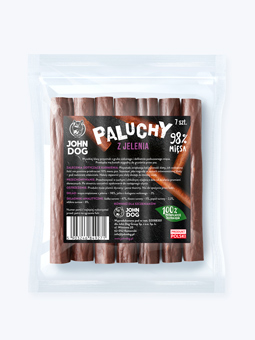 Produktpackung Hirschstangen Fleisch Hundesnack 100% natürlich 98% Fleisch in Packung mit 7 Stück Marke John Dog