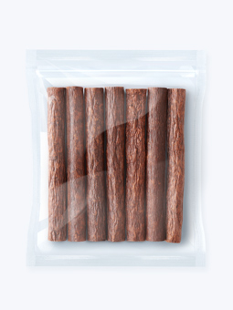 Produkt natürlicher Hundesnack Ziegenfinger 98% Fleisch verpackt in einer durchsichtigen Packung mit 7 Stück