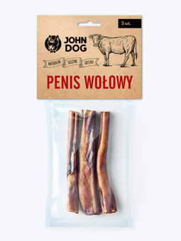 Naturprodukt getrocknete Hundekauartikel Rindfleisch Penis 3 Stück Marke John Dog Polish Produkt verpackt in Klarsichtverpackung Vorderansicht der Verpackung