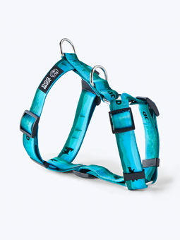 Blaues Hundegeschirr aus der City Kollektion mit kleinem Hundemuster, Farbverlauf und JD Buchstaben.