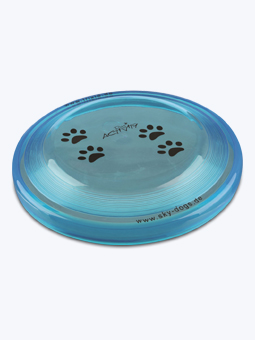 Blaue Kaugummi-Frisbee zum Spielen mit deinem Hund.
