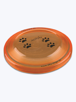 Orangefarbene Kaugummi-Frisbee zum Spielen mit deinem Hund.