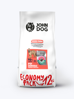 Großes Sparpack 12 kg John Dog Good Form Schweine- und Rindfleisch Hundefutter für mittlere und große Rassen.