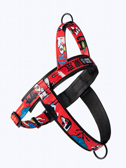 John Dog Tokyo rotes Hundegeschirr mit schwarzen Paspeln und orientalischen Mustern.