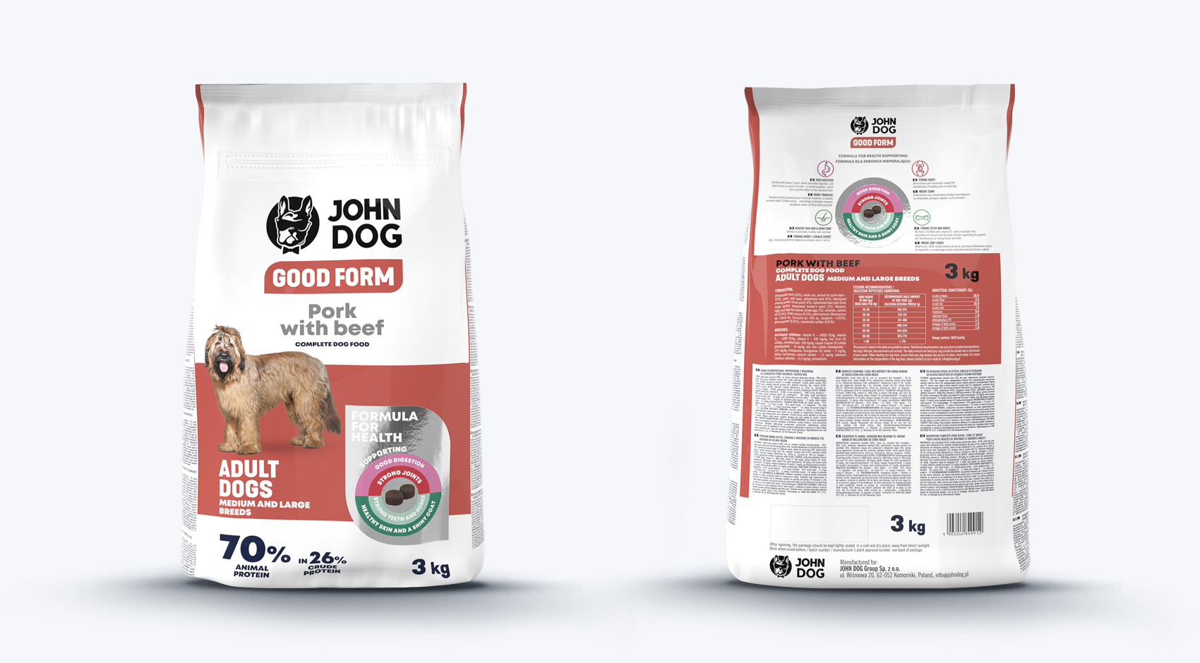 Vorder- und Rückseite der Packung von John Dog Good Form Schweine- und Rindfleisch Hundefutter für ausgewachsene mittlere und große Rassen 3kg