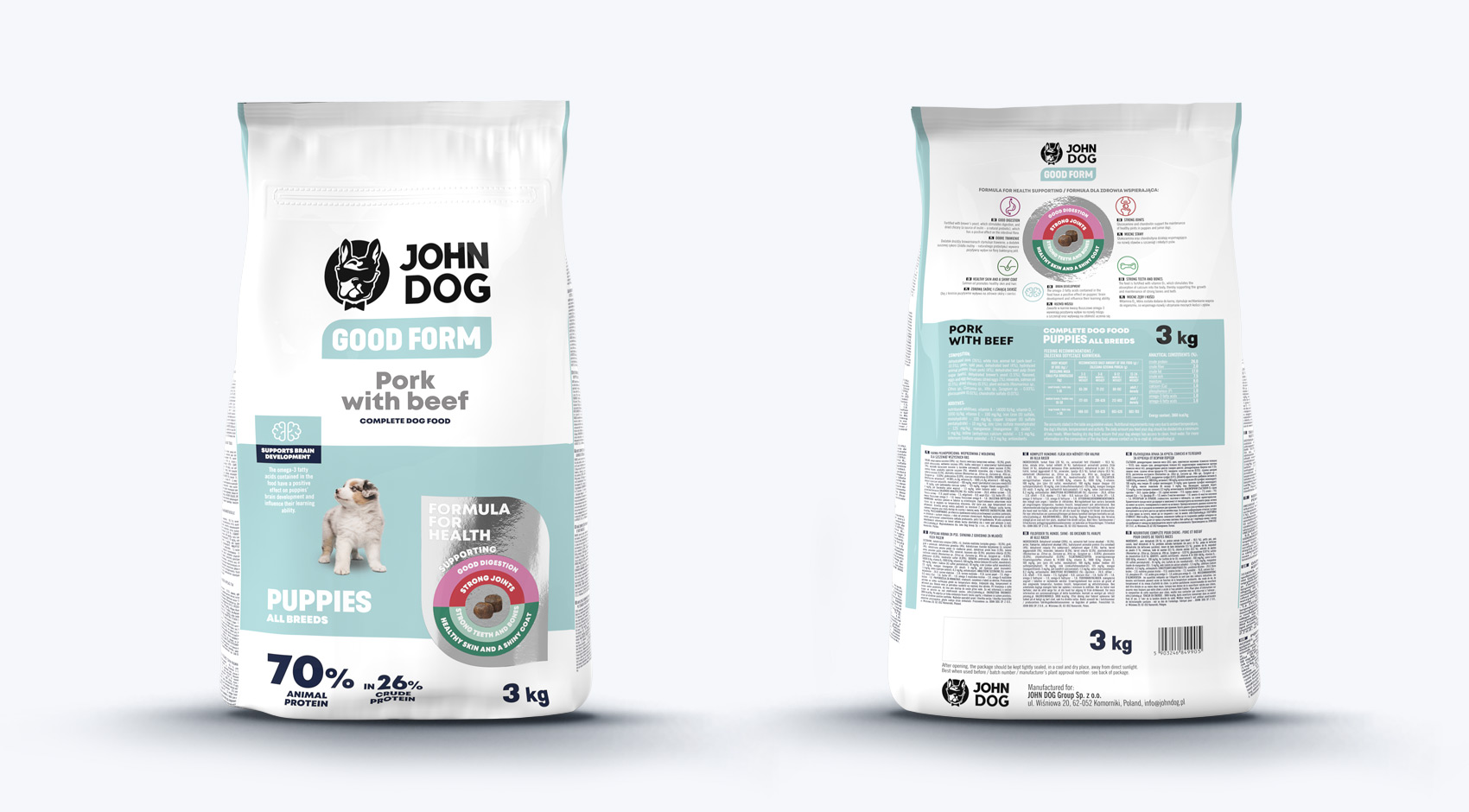 Vorder- und Rückseite der Packung von John Dog Good Form Schweine- und Rindfleisch Welpenfutter 3kg