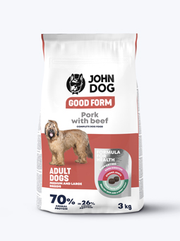 Vorderseite der Packung von John Dog Good Form Schweine- und Rindfleisch für ausgewachsene Hunde mittlerer bis großer Rassen 3kg