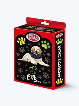 PetNova Packung mit blauem, aufblasbarem Hundehalsband mit einem Golden Retriever Hund aus Biskuit.