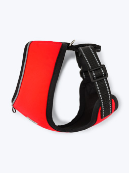 Druckloses neonfarbenes Hundegeschirr mit reflektierendem Band in Orange, Ansicht von oben.
