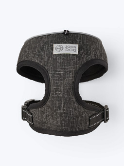 Druckloses schwarzes Hundegeschirr mit reflektierendem Band, Ansicht von oben.
