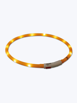 Orangefarbenes Silikon-LED-Blinkhalsband für Hunde mit USB-Ladekabel.