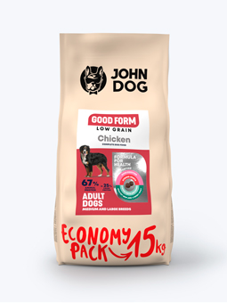 Trockenfutter aus der Good Form Low Grain-Reihe, wirtschaftlicher 15-kg-Sack, für Hunde mittlerer und großer Rassen.