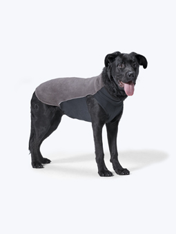 Schwarzer Hund in grauem Fleece-Sweatshirt von John Dog.