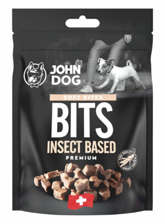 Packung mit John Dog Chapsy Leckerlis auf Insektenbasis. Gewicht 2x60 g.
