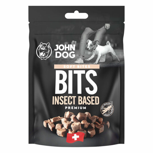 Packung mit John Dog Chapsy Leckerlis auf Insektenbasis. Gewicht 2x60 g.