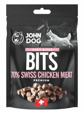 Packung mit John Dog Bits Schweizer Hühnerfleisch Leckerlis. Gewicht 2x60 g.