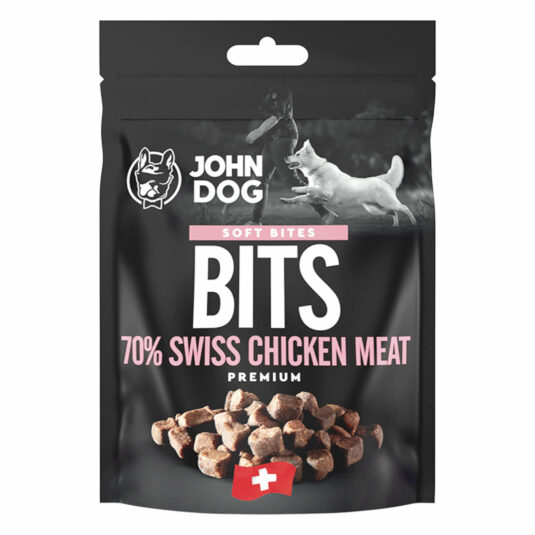 Packung mit John Dog Bits Schweizer Hühnerfleisch Leckerlis. Gewicht 2x60 g.