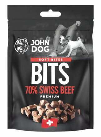 Packung John Dog Bits Schweizer Rindfleisch Leckerbissen. Gewicht 2x60 g.