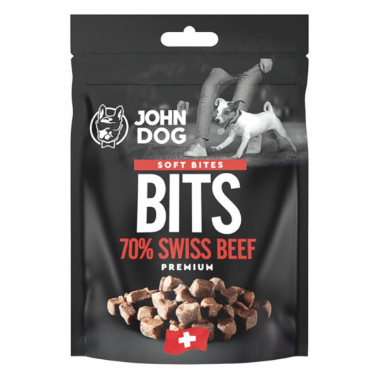 Packung John Dog Bits Schweizer Rindfleisch Leckerbissen. Gewicht 2x60 g.
