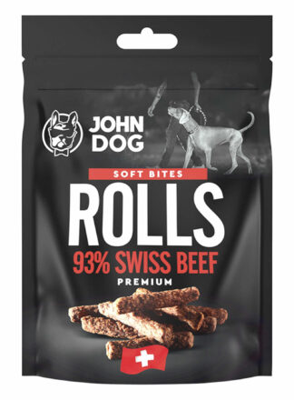 Packung mit John Dog rolls swiss beef treats. Gewicht 2x60 g.