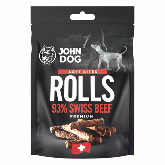 Packung mit John Dog rolls swiss beef treats. Gewicht 2x60 g.