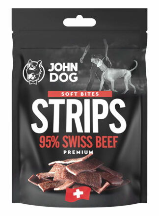 Packung mit John Dog Strips Schweizer Rindfleisch Leckerlis. Gewicht 2x60 g.