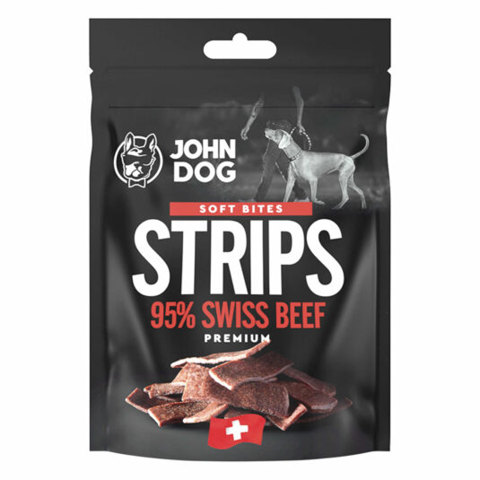 Packung mit John Dog Strips Schweizer Rindfleisch Leckerlis. Gewicht 2x60 g.