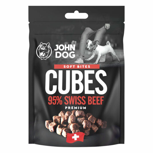 Packung John Hundeleckerlis mit Schweizer Rindfleischwürfeln. Gewicht 2x60 g.