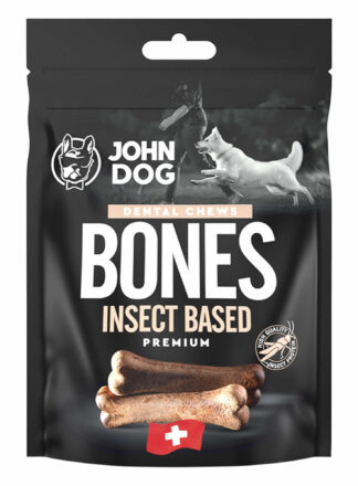 Packung mit John Hundeknochen Leckerlis auf Insektenbasis. Gewicht 2x60 g.