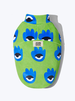 Blick auf die Oberseite des grün-blauen Microfleece-Hundesweatshirts aus der hey, woof, hello! Kollektion der Marke John Dog.