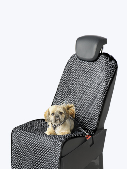 Shih tzu Hund, der auf einer einzelnen, auf dem Sitz ausgelegten Automatte liegt. Die Matte in schwarz-weißem John Dog Druck.