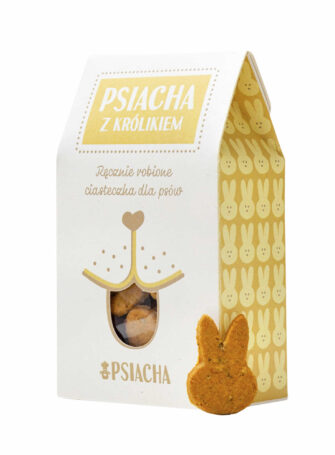 Packung mit 100g Hundekeksen mit Kaninchen und Süßkartoffel. Marke Psiacha. Vorderansicht.