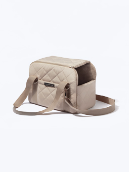 Hundetransporttasche aus gestepptem Baumwollstoff und Velours in Beige. Im Profil ansehen. Reisekollektion, von John Dog.