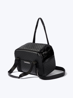 Hundetransporttasche aus Öko-Leder und Velours in Schwarz. Vorder- und Seitenansicht der Tasche und der Gurte. Reisekollektion, Marke John Dog.
