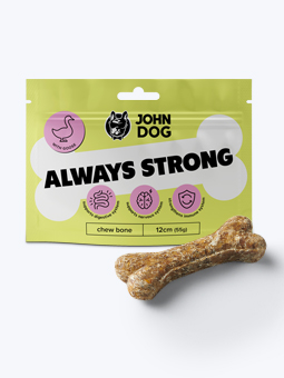 Funktionaler Hundeknochen, Always Strong mit Gans, Packung und Knochenansicht, John Dog.