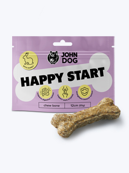 Funktionaler Hundeknochen, Happy Start mit Kaninchen, Packung und Knochenansicht, John Dog.