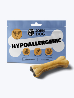 Funktioneller Hundeknochen, hypoallergen mit Hirsch, Packung und Knochenansicht, John Dog.