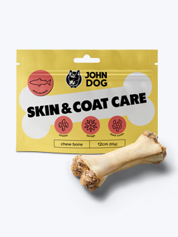 Funktioneller Hundeknochen, Haut- & Fellpflege mit Lachs, Packung und Knochenansicht, John Dog.