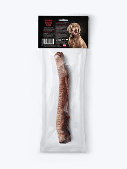 Rindertrachea, getrockneter natürlicher Kauartikel, Marke John Dog, Rückseite der Packung.